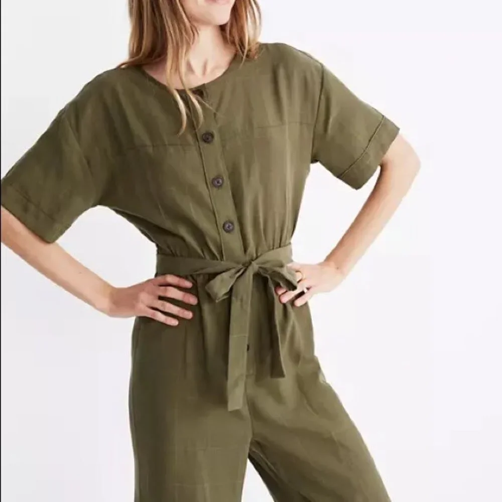 Madewell Green Short Sleeve Belted Jumpsuit Sz XS